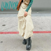Lunivop Y2K Irregular Folds Skirt Women Drawstring Bow Loose Long Harajuku High Waist Cargo